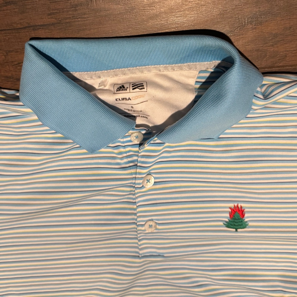 Adidas Burning Tree golf Light Blue Polo Shirt with Stripes Sz small